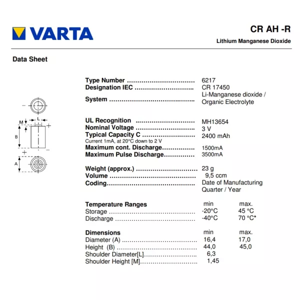 Batteria litio CR17450 3V Varta 6217101511