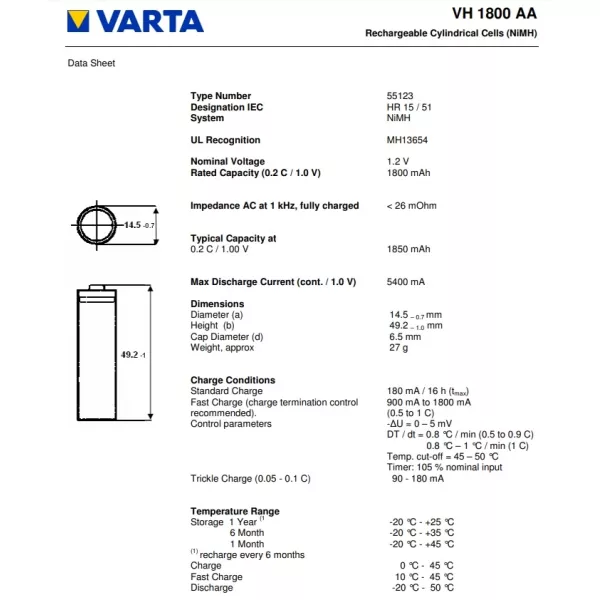 Batteria AA NIMH 1.2V 1800mAh con polo flat Varta 55123101501