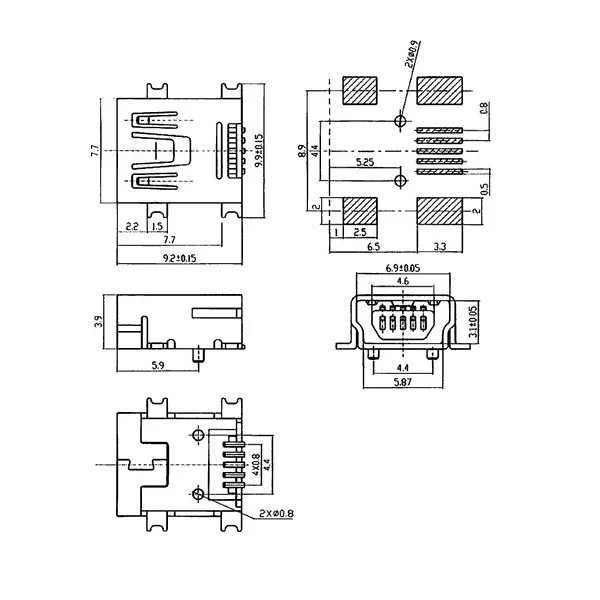 Mini USB type B socket angled for PCB