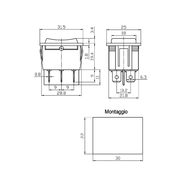 Deviatore bascula bipolare rettangolare (ON)-OFF-(ON)