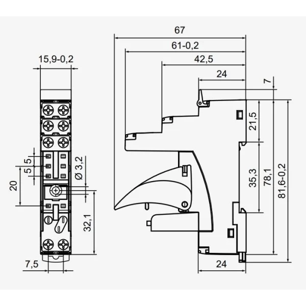 Socket for din bar double exchange relay