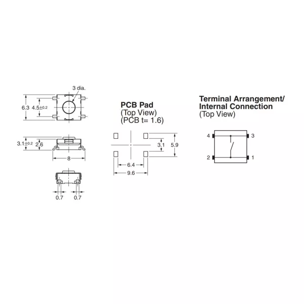 SMD 6.4x6.4mm 4 pin H 3.2mm push button