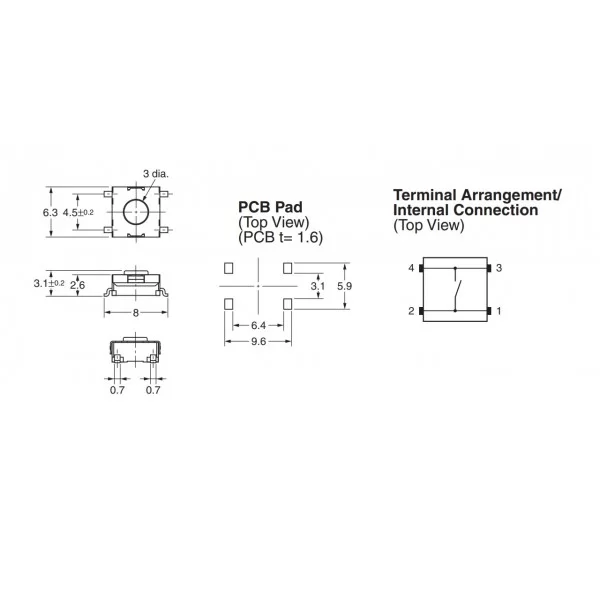 SMD 6.4x6.4mm 4 pin H 3.2mm push button