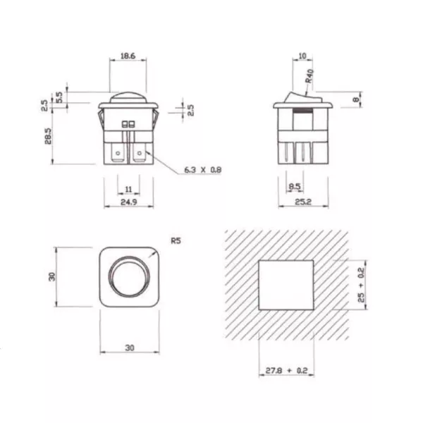 Blue illuminated square bipolar toggle switch 16A