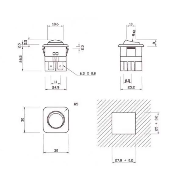 Blue illuminated square bipolar toggle switch 16A