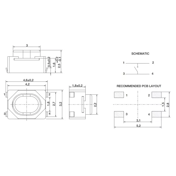 Micropulsante SMD 4.2X3.2mm 4 PIN H 2.5mm