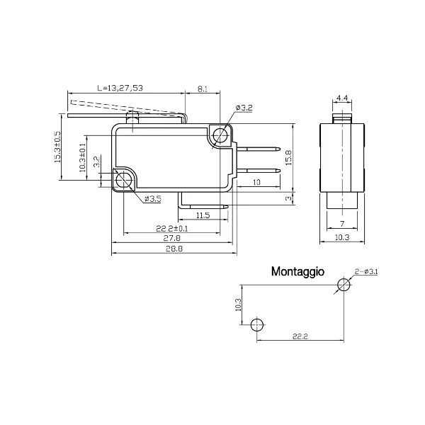 Microswitch 16 A - 250 V with 27 mm long lever